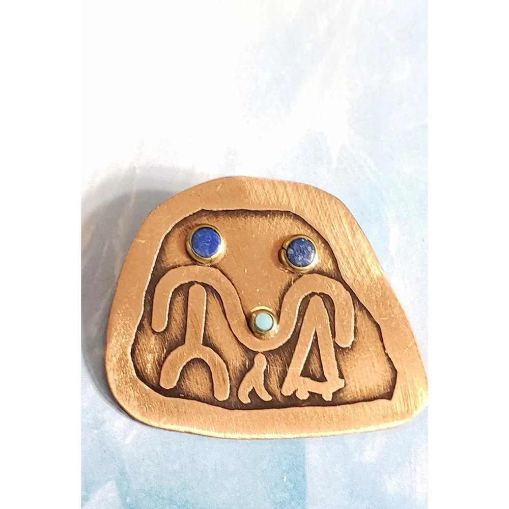 Copper Family Pin Brooch Lapis Turquoise Stone 1.25